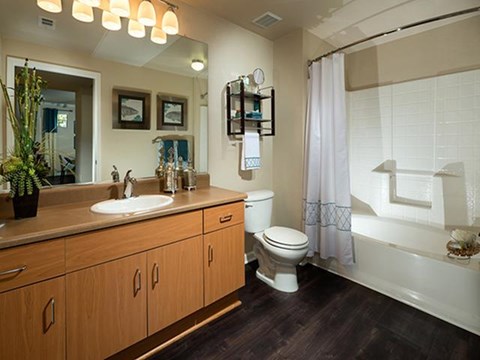 Large bathroom with deep soaking tubs at ALARA Links at Westridge Apartment Homes, CA, 91381