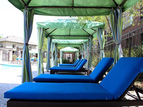 Private pool cabanas at ALARA Links at Westridge Apartment Homes, 25330 Silver Aspen Way, CA