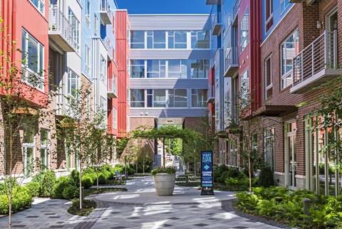 Private Courtyard with Walking Path and Seating Area at West Side Lofts, Red Bank NJ 07701