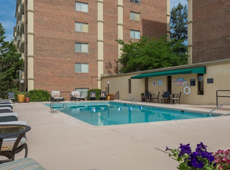 Pool Side Relaxing Area at The Towers Apartments, 5404 Montgomery Boulevard NE