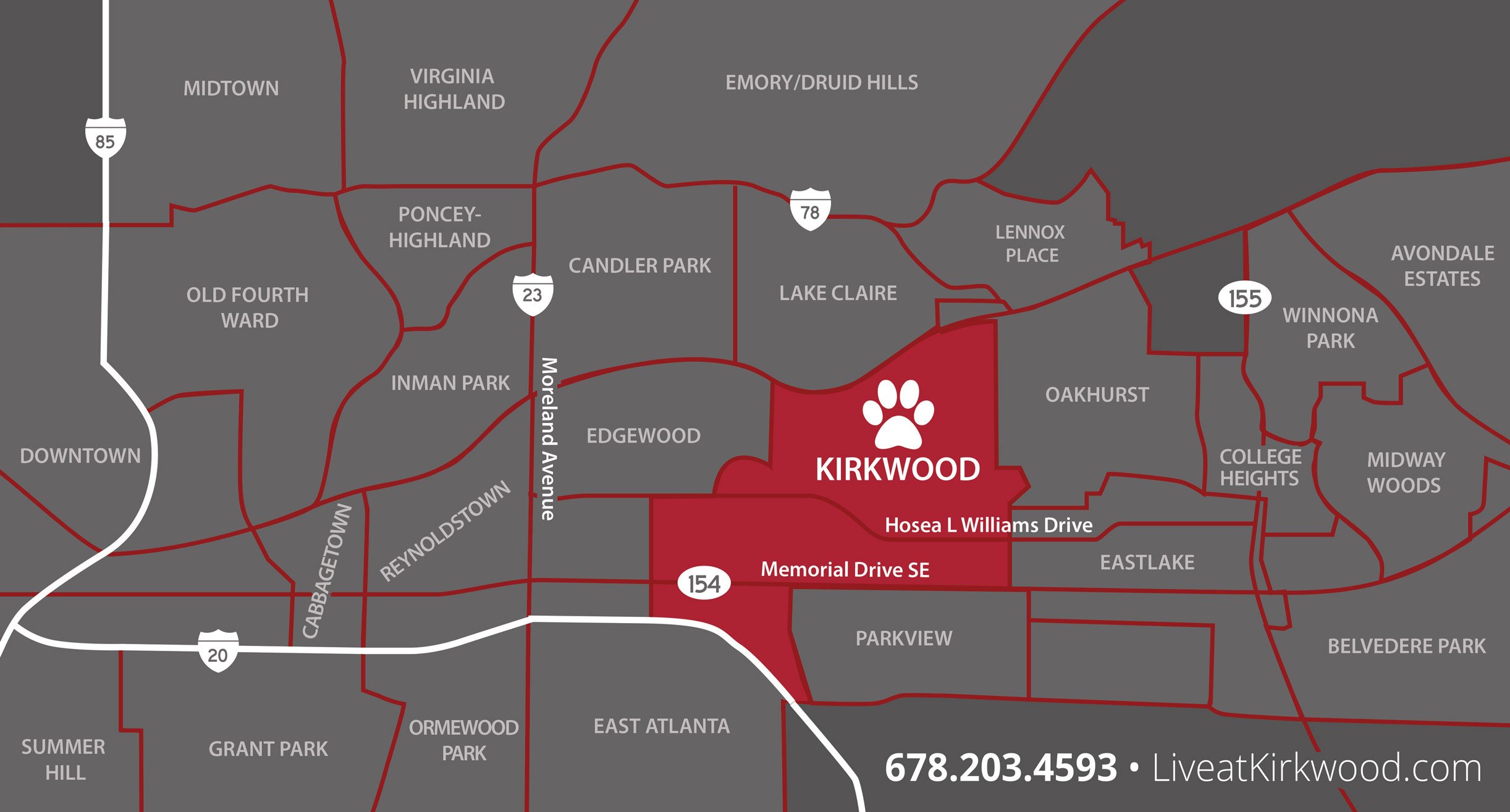 Map of Atlanta with Neighborhoods Listed, at The Kirkwood Apartments, Atlanta