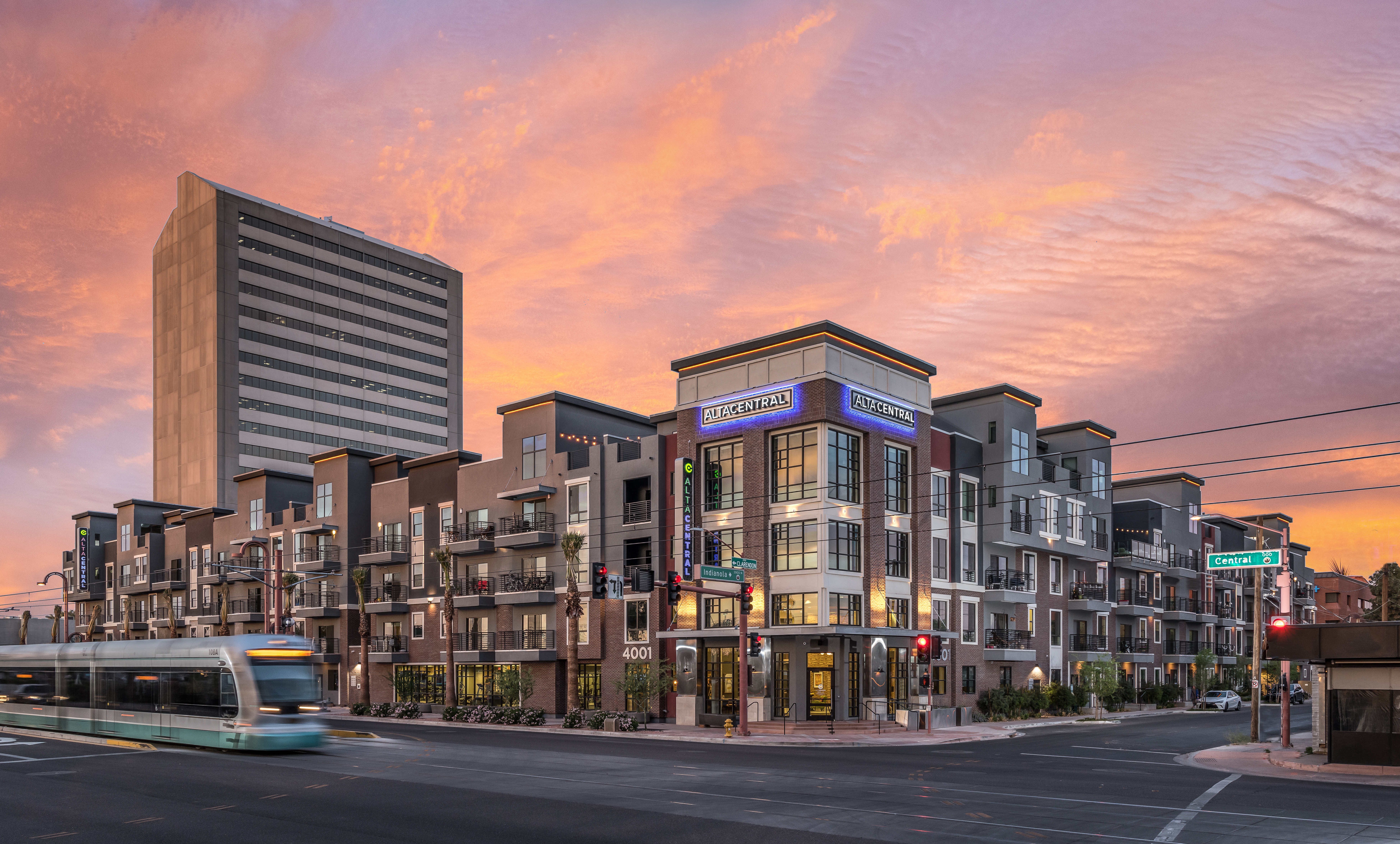 The outside street view of Park on Central Apartments in Phoenix, AZ.