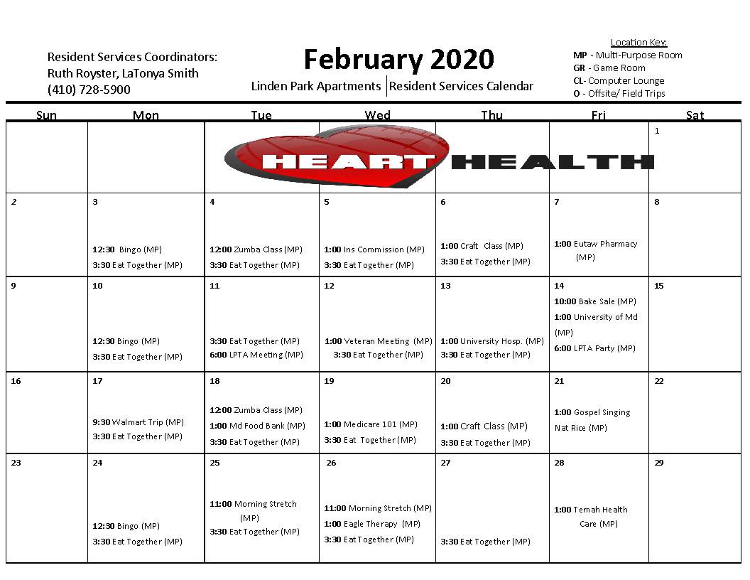 Linden Park February 2020 Activity Calendar
