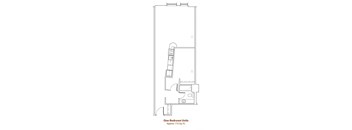 A floor plan of a one-bedroom unit that is approximately 715 square feet.