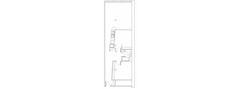 A black and white architectural floor plan with a staircase and a small square.