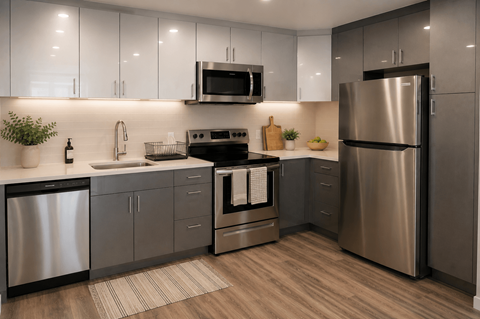 A modern kitchen with stainless steel appliances and wooden flooring.