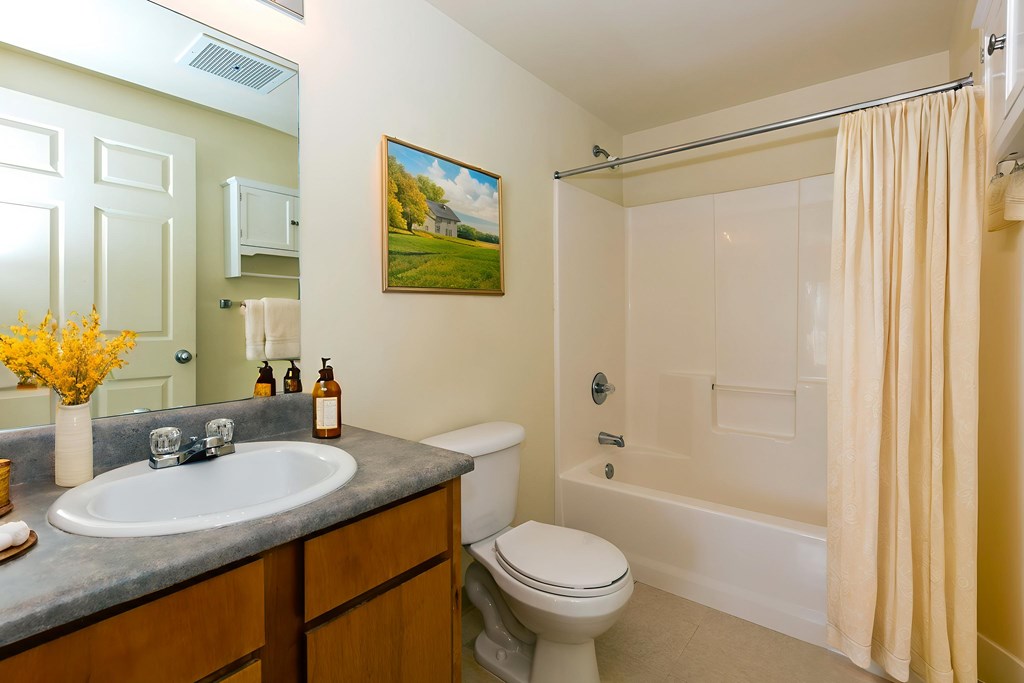 A bathroom with a toilet, sink, and bathtub.