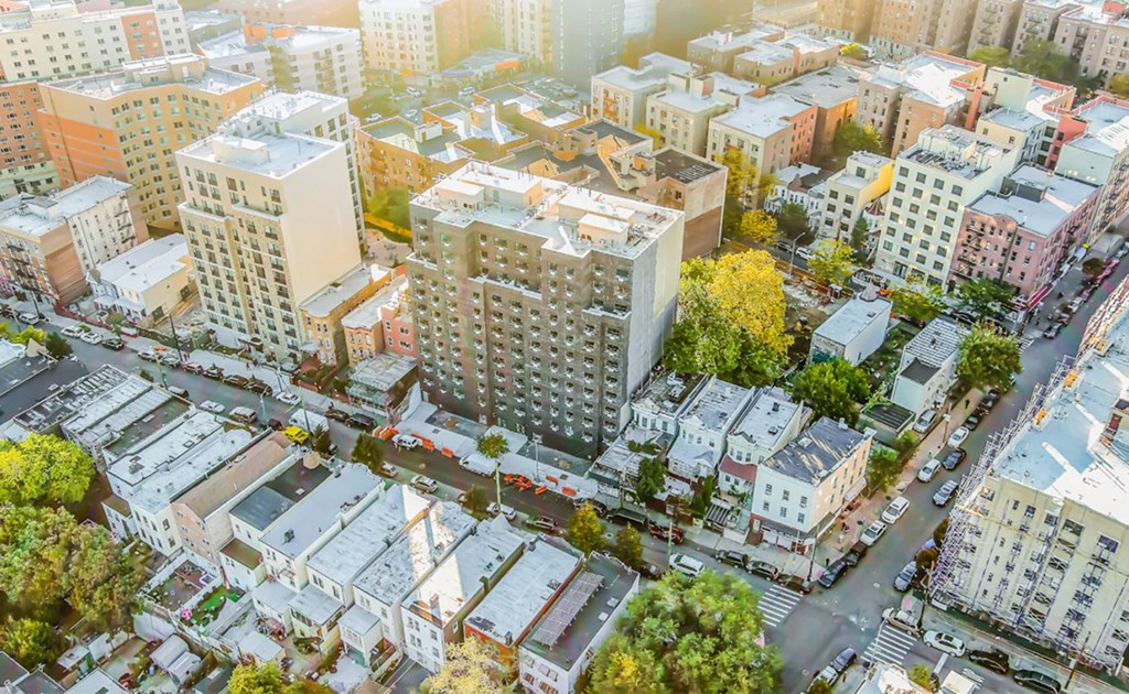 an aerial view of the city