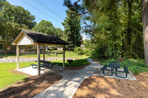 a picnic area with a pavilion and picnic table