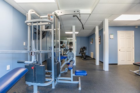 a fitness room with weights and cardio equipment