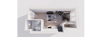 a floor plan of a one bedroom apartment with a kitchen and a living room