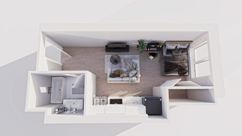 a floor plan of a one bedroom apartment with a kitchen and a living room