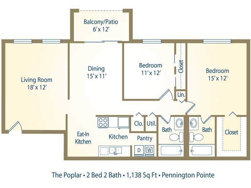 A floor plan of a 2 bedroom apartment with a living room, dining room, kitchen, pantry, and two bathrooms.