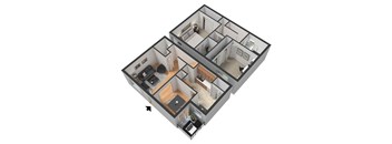 A 3D image of a house layout with a kitchen, living room, and bedrooms.