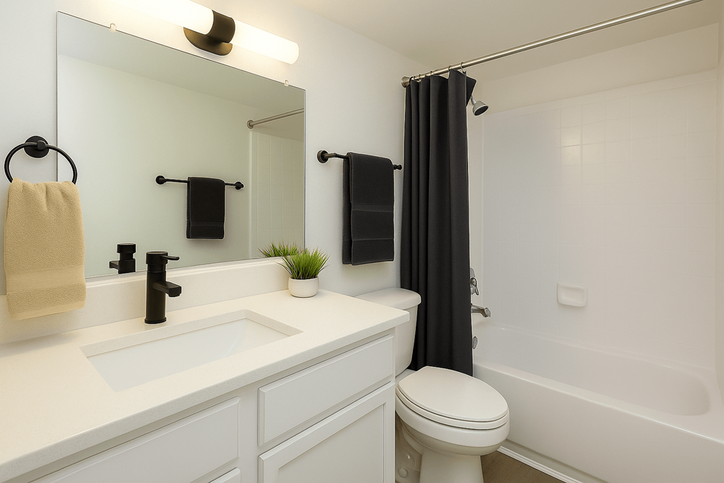 A white bathroom with a towel hanging on the wall.