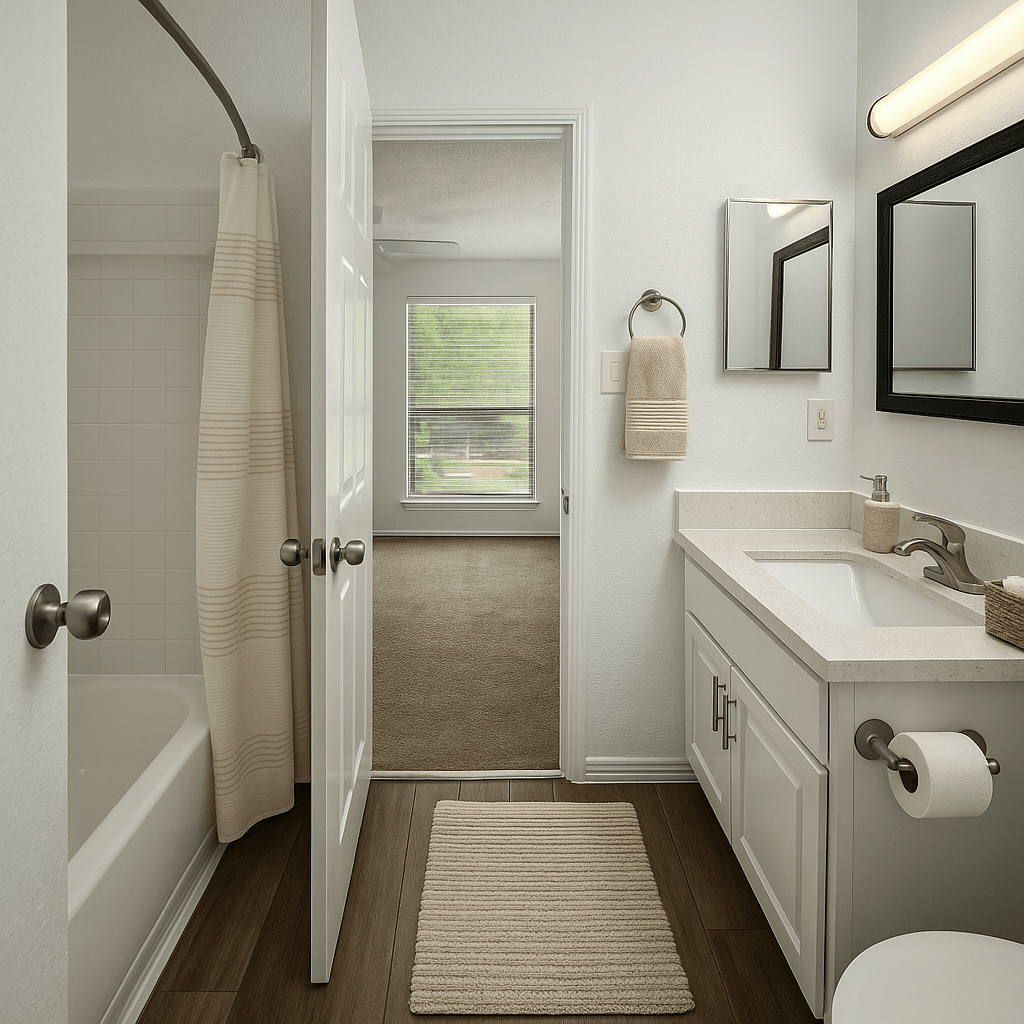 A bathroom with a white sink and a white towel hanging on the wall.