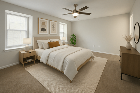 A bedroom with a large bed and a ceiling fan.