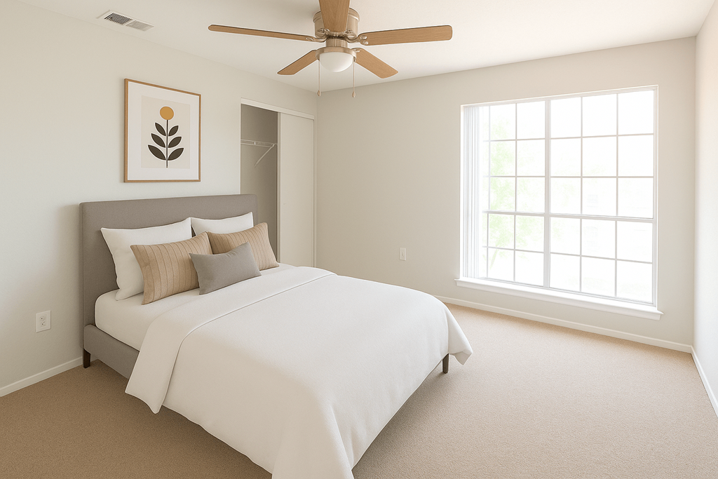 A bedroom with a large bed and a ceiling fan.