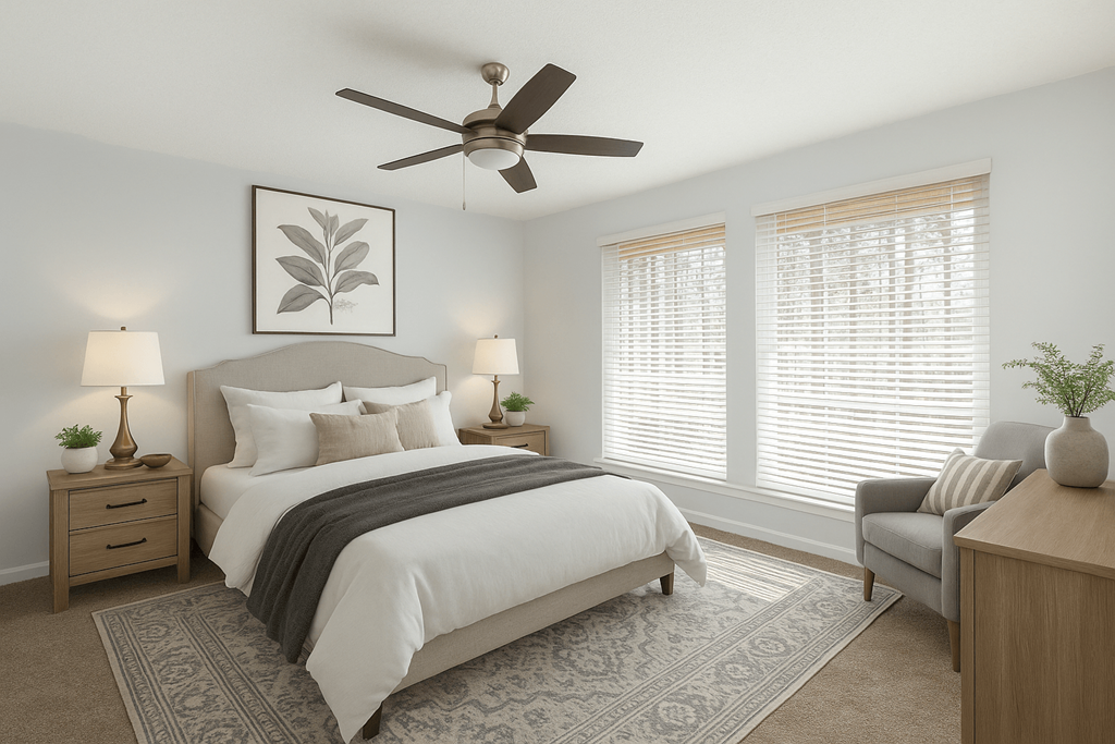 A bedroom with a large bed, a ceiling fan, and a chair.