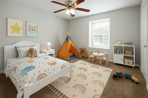 A child's bedroom with a bed, a teepee, a chair, a table, and a rug.