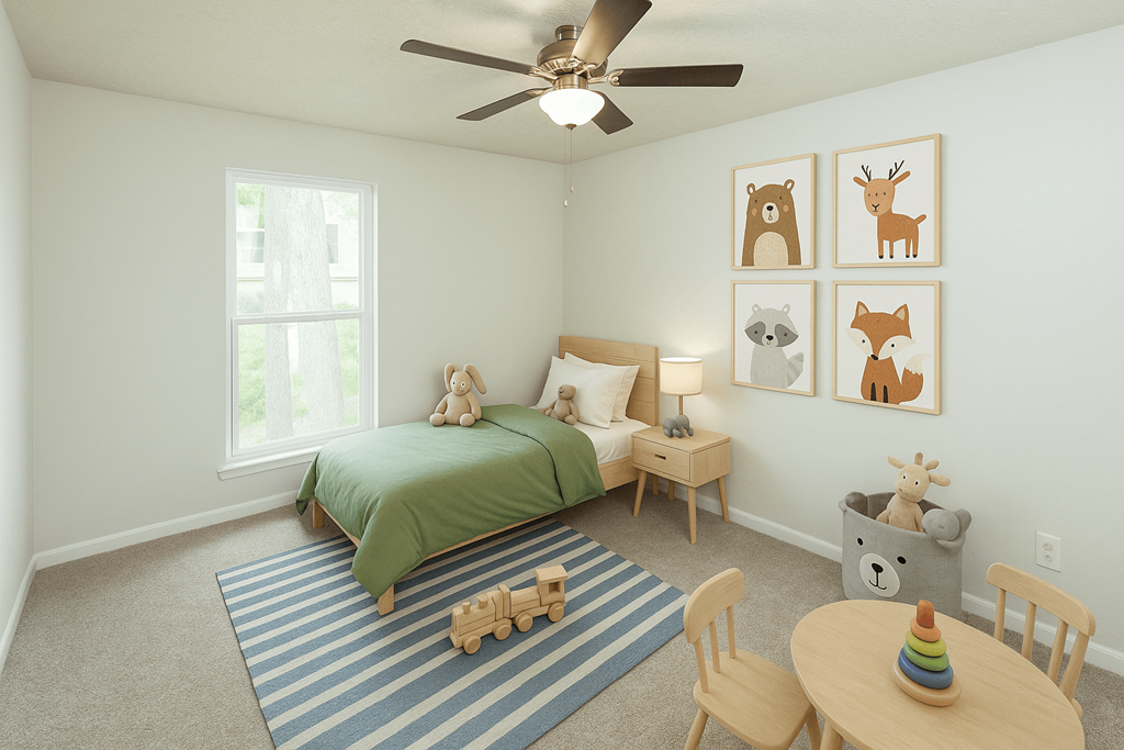 A room with a bed, a chair, a table, and a ceiling fan.