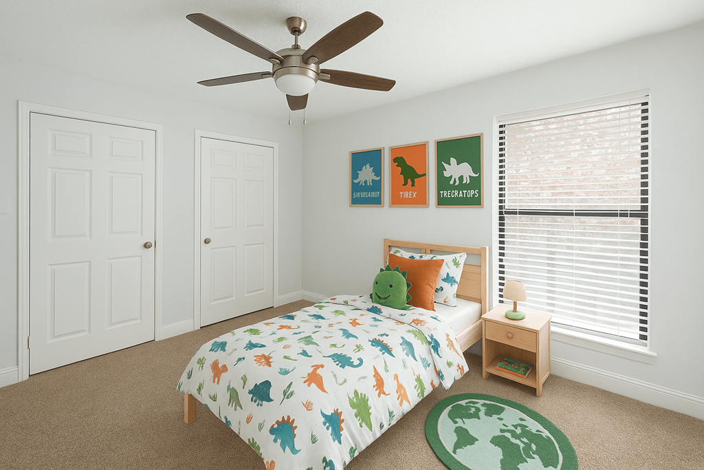 A bedroom with a bed, a ceiling fan, and a carpet with a map of the world on it.