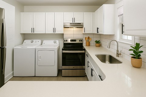 A white kitchen with a refrigerator, oven, and sink.