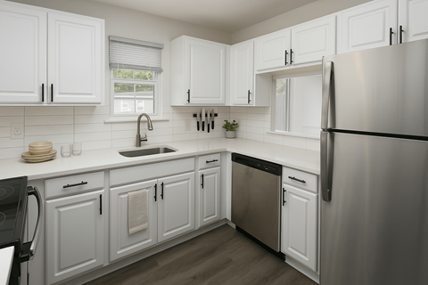 A kitchen with white cabinets and a stainless steel refrigerator.