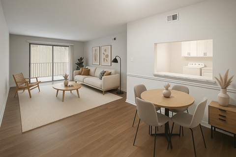 A living room with a white couch, wooden chairs, and a round table.