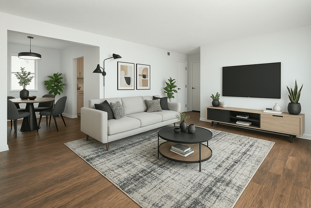 A modern living room with a grey sofa, a black coffee table, and a TV on a wooden stand.