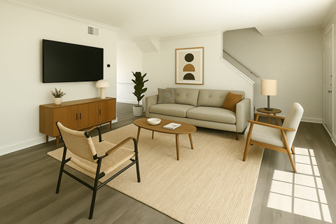 A living room with a couch, chair, and television.