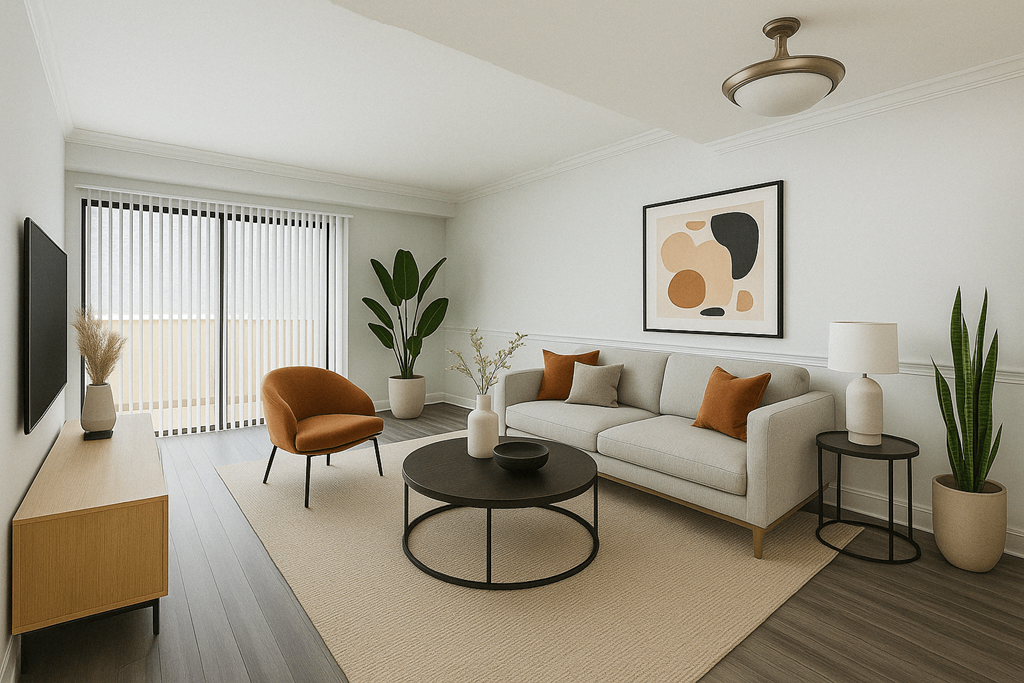 A living room with a white couch, orange chair, and a painting on the wall.