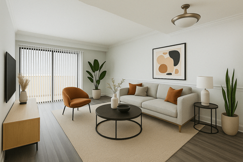 A living room with a white couch, orange chair, and a painting on the wall.