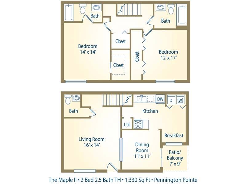 A floor plan of a two bedroom apartment with a living room, kitchen, dining room, and bathrooms.