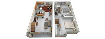 A 3D floor plan of a two-bedroom apartment.