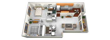 A 3D floor plan of a house with a kitchen, living room, and two bedrooms.