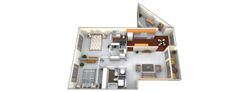 A 3D floor plan of a small apartment with a kitchen, living room, and bathroom.
