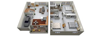 Two images of a house layout with a car parked outside.