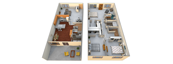 A 3D floor plan of a two-bedroom apartment.