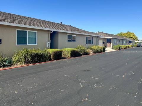 A row of houses with a street in front.
