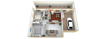 A 3D floor plan of a house with a kitchen, living room, and two bedrooms.