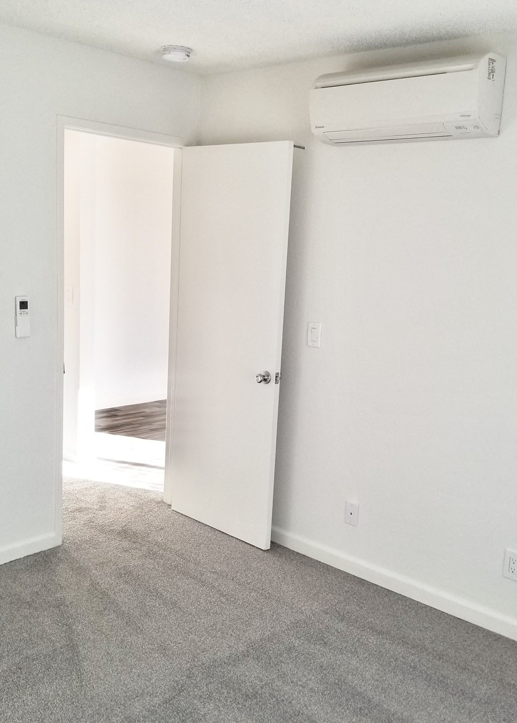 1x1jr bedroom with a carpet floor.