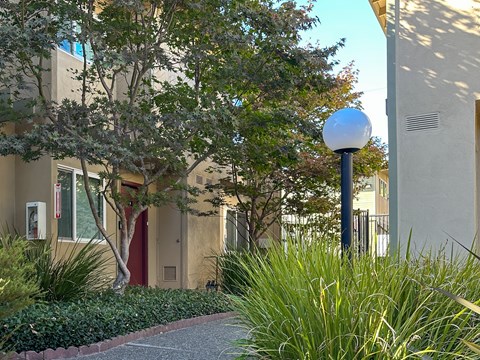 A white lamp post stands in front of a building with a red door.