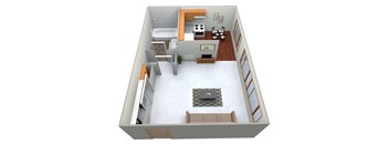 A 3D image of a living room with a couch, coffee table, and staircase.