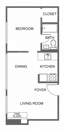 a floor plan of a small room with a kitchen and a living room