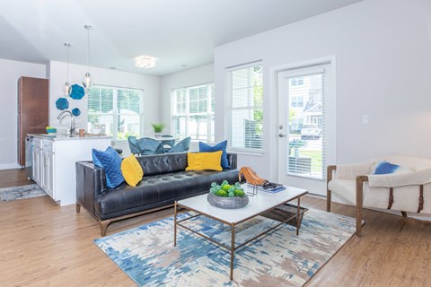 A living room with a black couch and a blue rug.