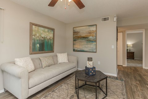 A living room with a couch, a coffee table, and two paintings on the wall.