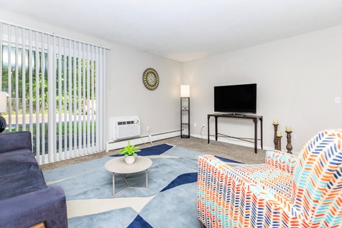 A living room with a blue couch and a television.
