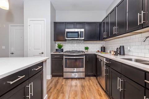 A modern kitchen with dark cabinets and stainless steel appliances.