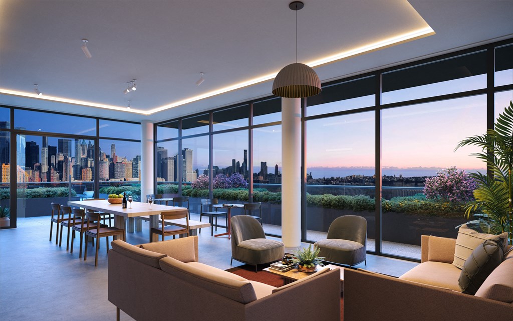 The rooftop lounge at Hazel is a captivating haven perched high above the city skyline, providing residents with a sophisticated and scenic space to unwind, socialize, and soak in breathtaking panoramic views
